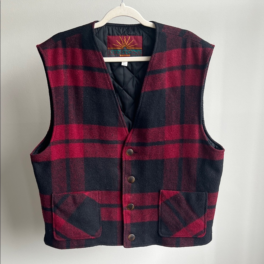 Vintage Red and Black Plaid Wool Blend Vest